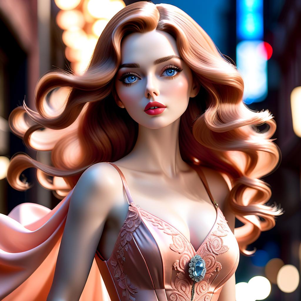  Long chestnut waves, melancholic features of the face, peachy plump lips, delicate minty blue eyes, dress in rose and peach tones, macromastia. hyperrealistic, full body, detailed clothing, highly detailed, cinematic lighting, stunningly beautiful, intricate, sharp focus, f/1. 8, 85mm, (centered image composition), (professionally color graded), ((bright soft diffused light)), volumetric fog, trending on instagram, trending on tumblr, HDR 4K, 8K