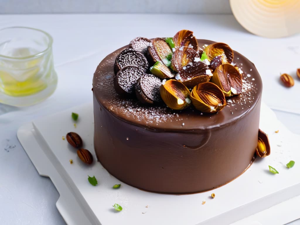  A closeup, ultradetailed image of a decadent chocolate cake topped with flakes of sea salt and a few whole caramelized pistachios, resting on a sleek, modern white plate on a marble countertop. The cake is perfectly moist, with layers of rich chocolate ganache in between, and a dusting of cocoa powder on the edges of the plate. The sea salt glistens under a soft, warm light, enhancing the luxurious texture of the cake. hyperrealistic, full body, detailed clothing, highly detailed, cinematic lighting, stunningly beautiful, intricate, sharp focus, f/1. 8, 85mm, (centered image composition), (professionally color graded), ((bright soft diffused light)), volumetric fog, trending on instagram, trending on tumblr, HDR 4K, 8K