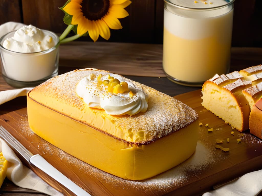  A highresolution, minimalist image of a freshly baked goldenbrown pan de elote resting on a rustic wooden table. The cornbread is delicately dusted with powdered sugar and accompanied by a dollop of whipped cream, with a scattering of fresh corn kernels and a vibrant yellow sunflower placed next to it. The warm sunlight streaming through a nearby window creates soft shadows, enhancing the texture and colors of the dessert, evoking a sense of warmth and comfort. hyperrealistic, full body, detailed clothing, highly detailed, cinematic lighting, stunningly beautiful, intricate, sharp focus, f/1. 8, 85mm, (centered image composition), (professionally color graded), ((bright soft diffused light)), volumetric fog, trending on instagram, trending on tumblr, HDR 4K, 8K