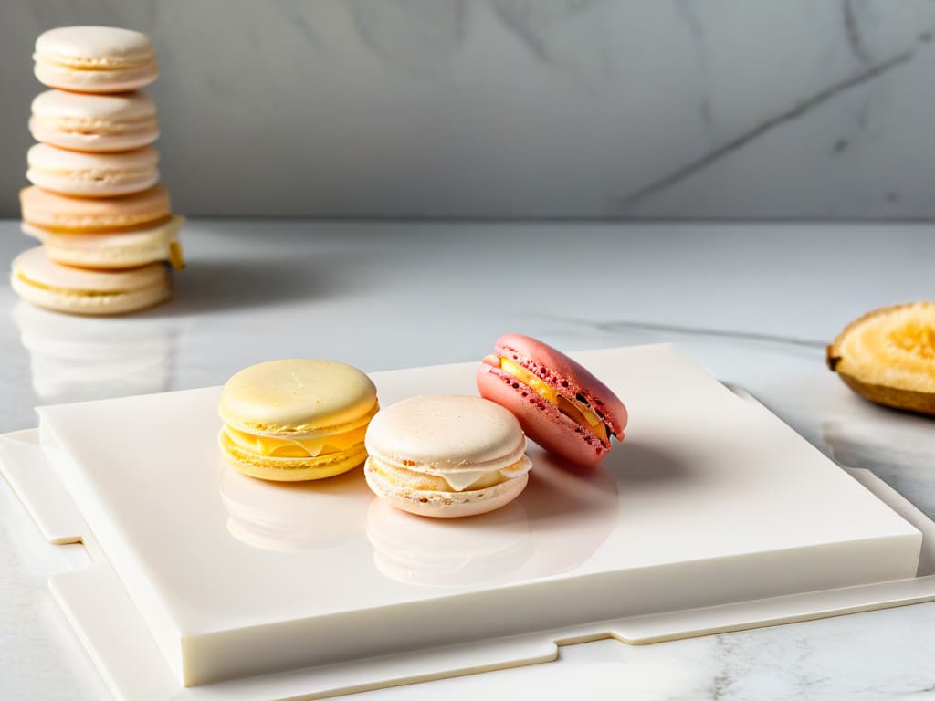  A closeup, ultradetailed image of a delicate, pastelcolored macaron sitting on a sleek, modern plate. The macaron is perfectly smooth and shiny, showcasing a flawless foot at the base. The natural light illuminates the intricate ridges on the delicate shell, emphasizing its crispy texture. The plate rests on a clean, marble countertop, creating a sophisticated and elegant aesthetic. hyperrealistic, full body, detailed clothing, highly detailed, cinematic lighting, stunningly beautiful, intricate, sharp focus, f/1. 8, 85mm, (centered image composition), (professionally color graded), ((bright soft diffused light)), volumetric fog, trending on instagram, trending on tumblr, HDR 4K, 8K