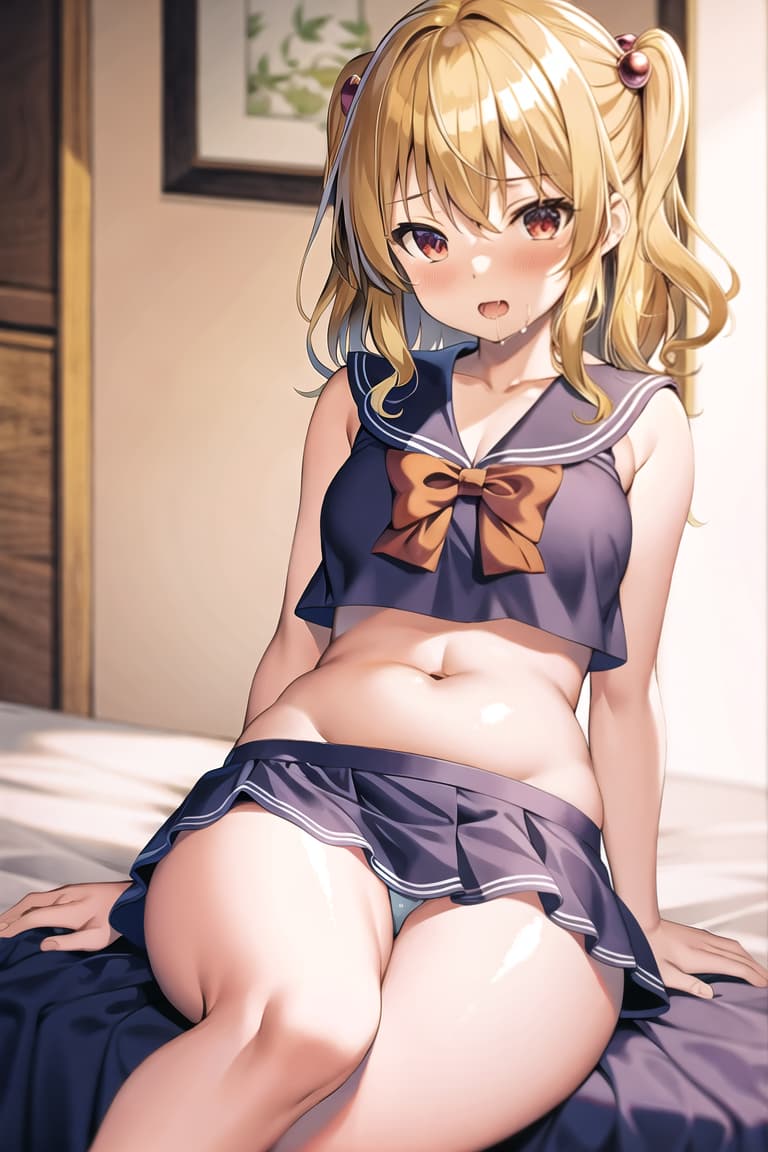  master piece , best quality,Touhou Project,Marisa Kirisame,golden hair,sailor suit,belly out,come face,drooling a lot,sitting on bed with crotch open