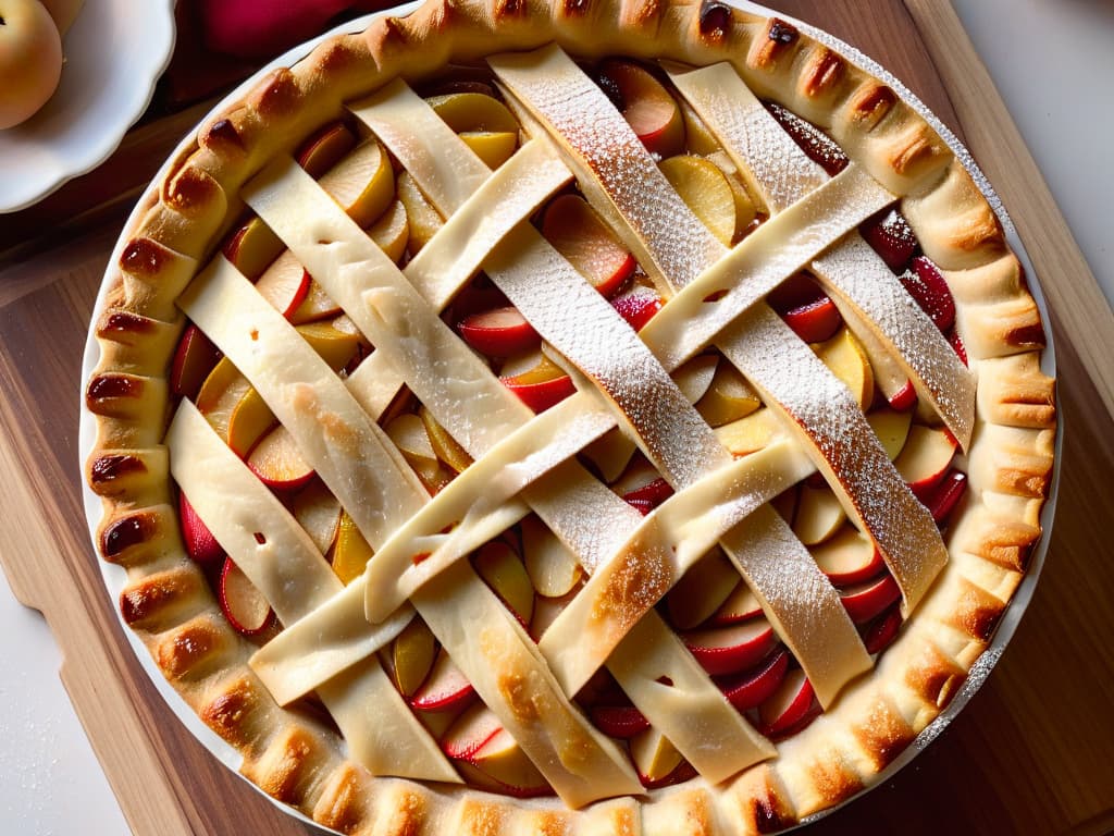  A closeup, ultradetailed image of a perfectly goldenbrown apple pie fresh out of the oven, with flaky, buttery crust glistening under warm light. The lattice pattern on top is intricately woven, showcasing precise craftsmanship. A light dusting of powdered sugar delicately adorns the top, enhancing the visual appeal. The image captures the essence of homemade baking perfection, inviting the viewer to indulge in the art of pastry making. hyperrealistic, full body, detailed clothing, highly detailed, cinematic lighting, stunningly beautiful, intricate, sharp focus, f/1. 8, 85mm, (centered image composition), (professionally color graded), ((bright soft diffused light)), volumetric fog, trending on instagram, trending on tumblr, HDR 4K, 8K