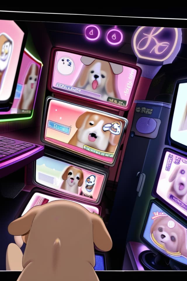  ((holding 🎮、girl play game、accurate hands))、(((droopin dog ears、lop beagle's ears)))、anthropomorphic furry beagle girl、tongue out smiling、dutch angle、neon lighting、in Internet cafe、best quality:1.4、masterpiece:1.4、ultra detailed texture、RAW photorealistic:1.4、absurd resolution、8K illustration、💩、