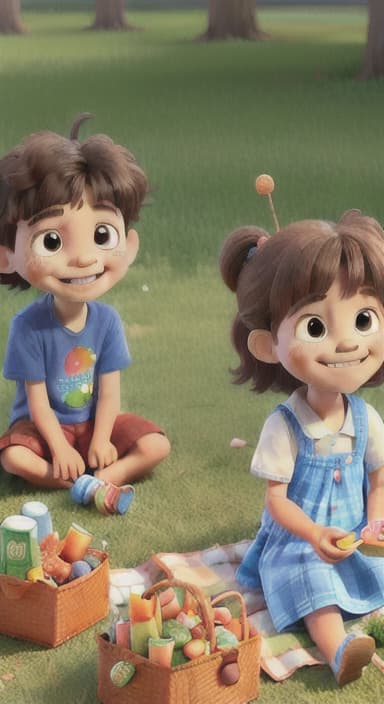  {Kids sitting around a picnic blanket, enjoying juice boxes and snacks., Children happily eating snacks, with crumbs on their faces and big smiles.