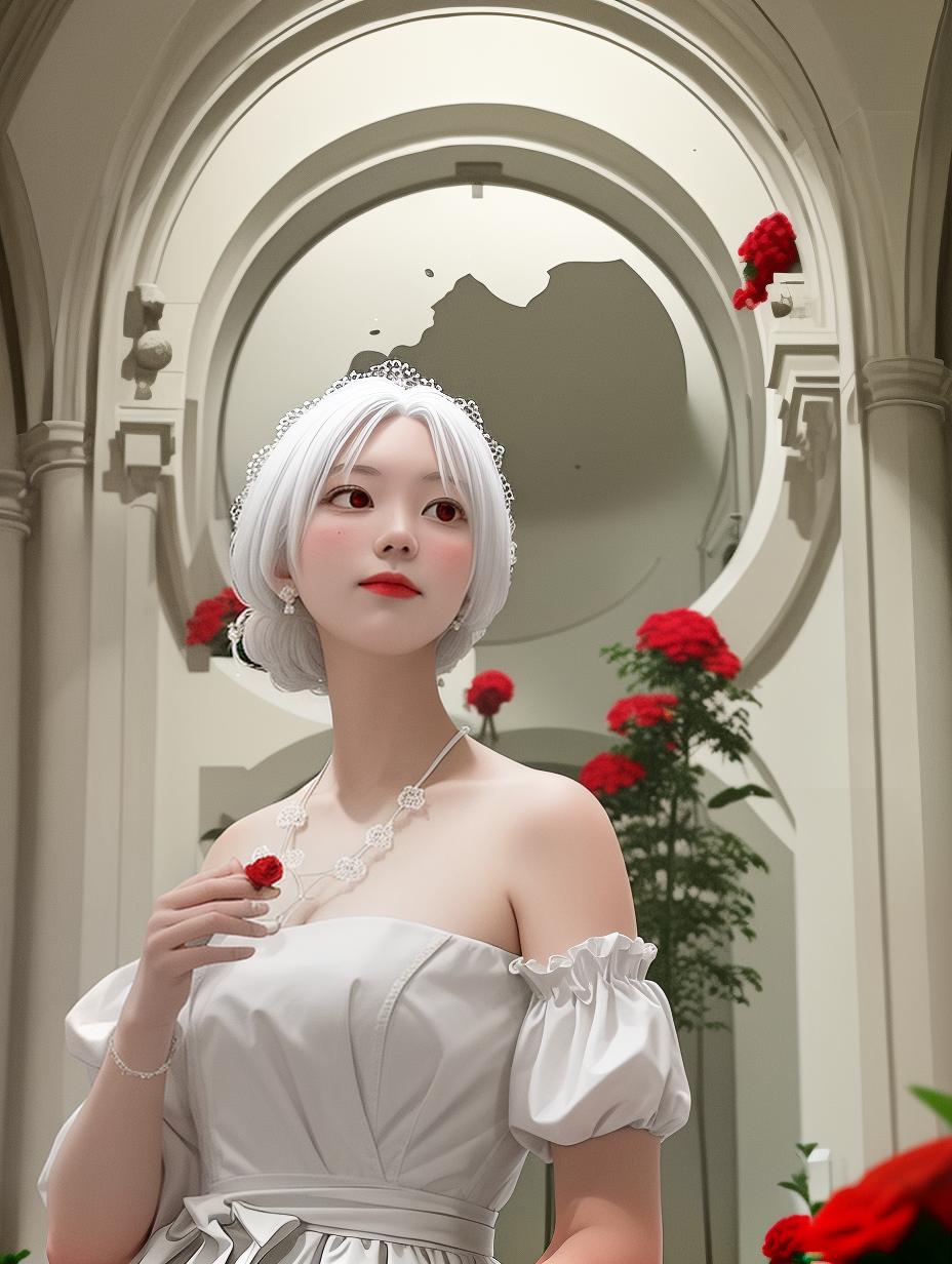  masterpiece, best quality, church, girl, white hair, white dress, red flower, sideways view, facing audience, croissant, jewelry earrings, cupid