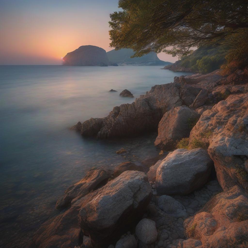  A summer sunset over the Black Sea in Crimea, a rocky shore. hyperrealistic, full body, detailed clothing, highly detailed, cinematic lighting, stunningly beautiful, intricate, sharp focus, f/1. 8, 85mm, (centered image composition), (professionally color graded), ((bright soft diffused light)), volumetric fog, trending on instagram, trending on tumblr, HDR 4K, 8K