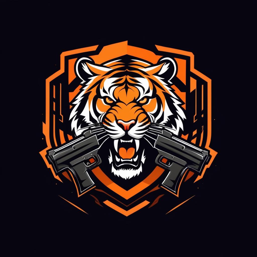  Esports logo, tiger with guns, black and orange color