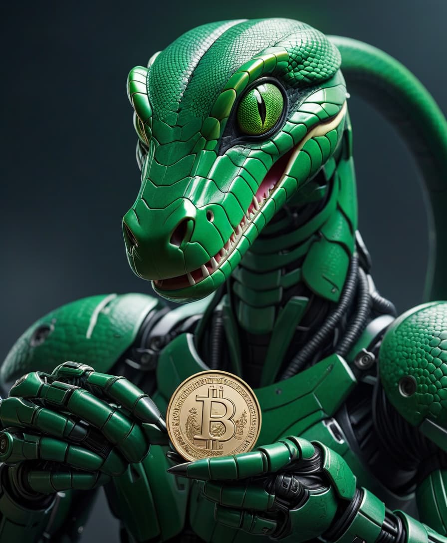  cybernetic robot A green snake, holding a coin in its mouth, with the letter P on the coin, staring straight ahead. . android, AI, machine, metal, wires, tech, futuristic, highly detailed hyperrealistic, full body, detailed clothing, highly detailed, cinematic lighting, stunningly beautiful, intricate, sharp focus, f/1. 8, 85mm, (centered image composition), (professionally color graded), ((bright soft diffused light)), volumetric fog, trending on instagram, trending on tumblr, HDR 4K, 8K