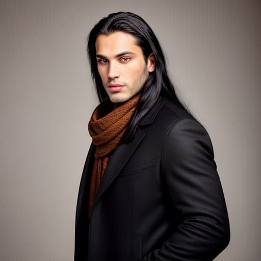  Portrait of a handsome man with crimson eyes, long black hair and light skin. Wearing a black coat with a brown scarf.