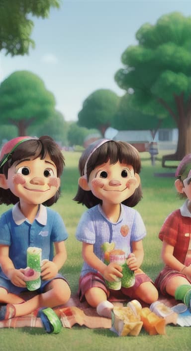  {Kids sitting around a picnic blanket, enjoying juice boxes and snacks., Children happily eating snacks, with crumbs on their faces and big smiles.