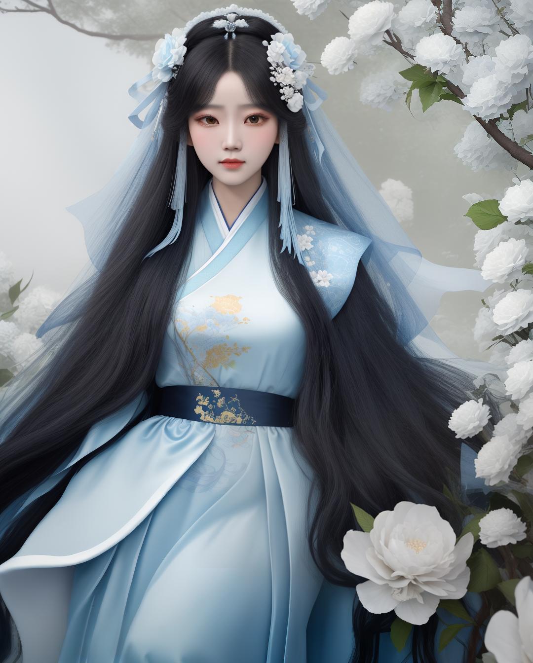  masterpiece, best quality, (Fidelity: 1.4), Best Quality, Masterpiece, Ultra High Resolution, Poster, Fantasy Art, Very Detailed Faces, 8k resolution, Chinese Style, An woman, Side Face, Quiet, Light Blue Hanfu, Tulle Coat, Long Black Hair, Light Blue Fringed Hair Ornament, Hairpin, White Ribbon, White Flower Bush, Light Blue Butterfly Flying, cinematic lighting effects