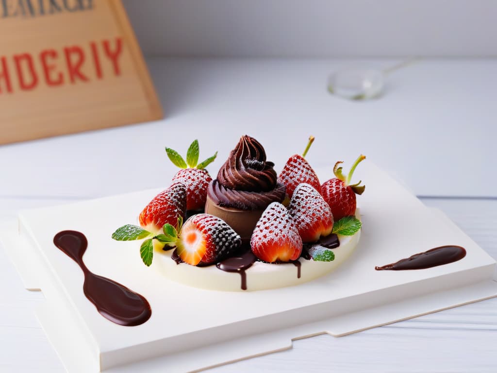  An ultradetailed image of a sleek, modern kitchen countertop featuring a single, perfectly plated dessert. The dessert is a work of art, with clean lines and minimalistic design. The plate is white, enhancing the vibrant colors of the dessert a geometrically arranged composition of vibrant red strawberry slices, rich dark chocolate drizzle, and a sprinkle of delicate green mint leaves. The lighting is soft, casting a gentle glow over the dessert and creating a serene, elegant atmosphere. hyperrealistic, full body, detailed clothing, highly detailed, cinematic lighting, stunningly beautiful, intricate, sharp focus, f/1. 8, 85mm, (centered image composition), (professionally color graded), ((bright soft diffused light)), volumetric fog, trending on instagram, trending on tumblr, HDR 4K, 8K