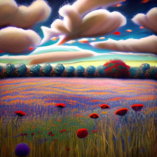 wa-vy style Tall grass, poppies and purple lupins in field. Blond haired girl in white dress holding bouquet of flowers sky is blue few clouds sun streams through clouds vivid colors looks like impressionistic painting painting vivid color dream like