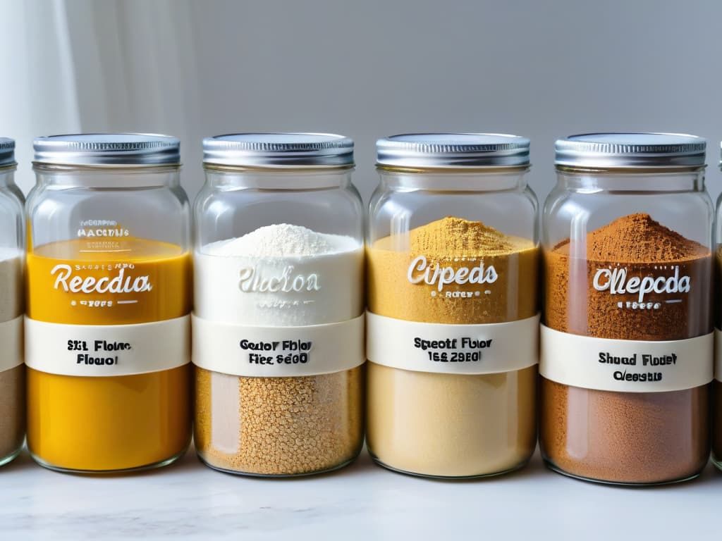  A closeup, ultradetailed image of a variety of glutenfree flours neatly arranged in small glass jars on a white marble countertop. Each jar is labeled with a sleek, modern font specifying the type of flour it contains, including almond flour, coconut flour, rice flour, and tapioca flour. The natural colors and textures of the flours are vividly captured, showcasing the diversity and versatility of glutenfree baking options. hyperrealistic, full body, detailed clothing, highly detailed, cinematic lighting, stunningly beautiful, intricate, sharp focus, f/1. 8, 85mm, (centered image composition), (professionally color graded), ((bright soft diffused light)), volumetric fog, trending on instagram, trending on tumblr, HDR 4K, 8K