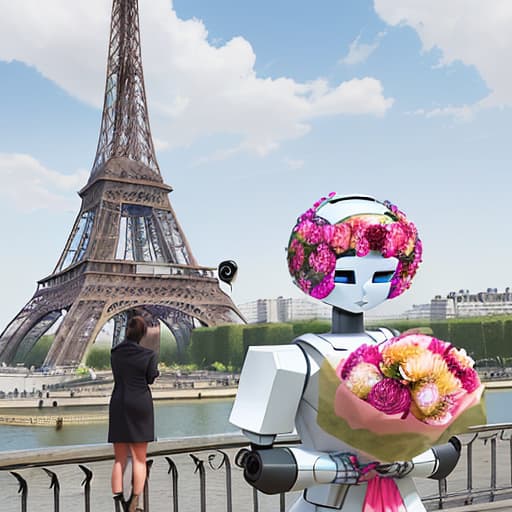  A digital art piece of a robot holding a bouquet of flowers in front of the Eiffel Tower