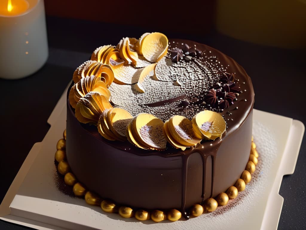  A closeup, ultrahigh resolution image of a delicate, shimmering dusting of edible gold and silver powder atop a decadent dessert. The metallic particles catch the light, creating a mesmerizing interplay of reflections and shadows on the smooth surface of a rich chocolate cake, enhancing its luxurious appeal. hyperrealistic, full body, detailed clothing, highly detailed, cinematic lighting, stunningly beautiful, intricate, sharp focus, f/1. 8, 85mm, (centered image composition), (professionally color graded), ((bright soft diffused light)), volumetric fog, trending on instagram, trending on tumblr, HDR 4K, 8K