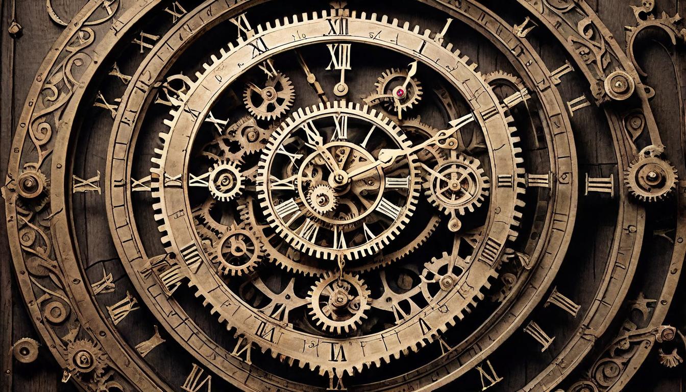  on parchment, surrealism+++, A close up of an intricately designed antique clock, cogs and gears visible, delicate hands ticking, dark toned wood and metal, finely crafted, timeless aura, reminiscent of history(mysterious, provocative, symbolic,muted color)+++