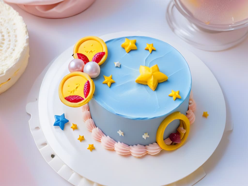  A minimalistic image of pastelitos inspired by Sailor Moon, featuring delicate pastries decorated with crescent moon and starshaped toppings in pastel colors like pink, blue, and yellow. The pastelitos are arranged on a sleek, white plate against a simple, clean background to highlight their elegant and whimsical design, perfect for capturing the essence of Sailor Moon's magical and enchanting aesthetic. hyperrealistic, full body, detailed clothing, highly detailed, cinematic lighting, stunningly beautiful, intricate, sharp focus, f/1. 8, 85mm, (centered image composition), (professionally color graded), ((bright soft diffused light)), volumetric fog, trending on instagram, trending on tumblr, HDR 4K, 8K