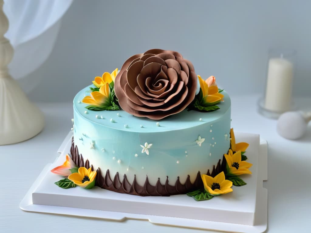  An ultradetailed image of a delicate, handcrafted sugar flower with intricate petals in various shades of pastel colors, resting on top of a decadent chocolate cake. The flower is so lifelike that each petal's texture is visible, showcasing the skill and artistry involved in creating such a stunning edible decoration. The rich, glossy surface of the cake contrasts beautifully with the soft, matte finish of the sugar flower, creating a visually striking and elegant composition that embodies the essence of using edible decorations to elevate desserts to a professional and inspirational level. hyperrealistic, full body, detailed clothing, highly detailed, cinematic lighting, stunningly beautiful, intricate, sharp focus, f/1. 8, 85mm, (centered image composition), (professionally color graded), ((bright soft diffused light)), volumetric fog, trending on instagram, trending on tumblr, HDR 4K, 8K