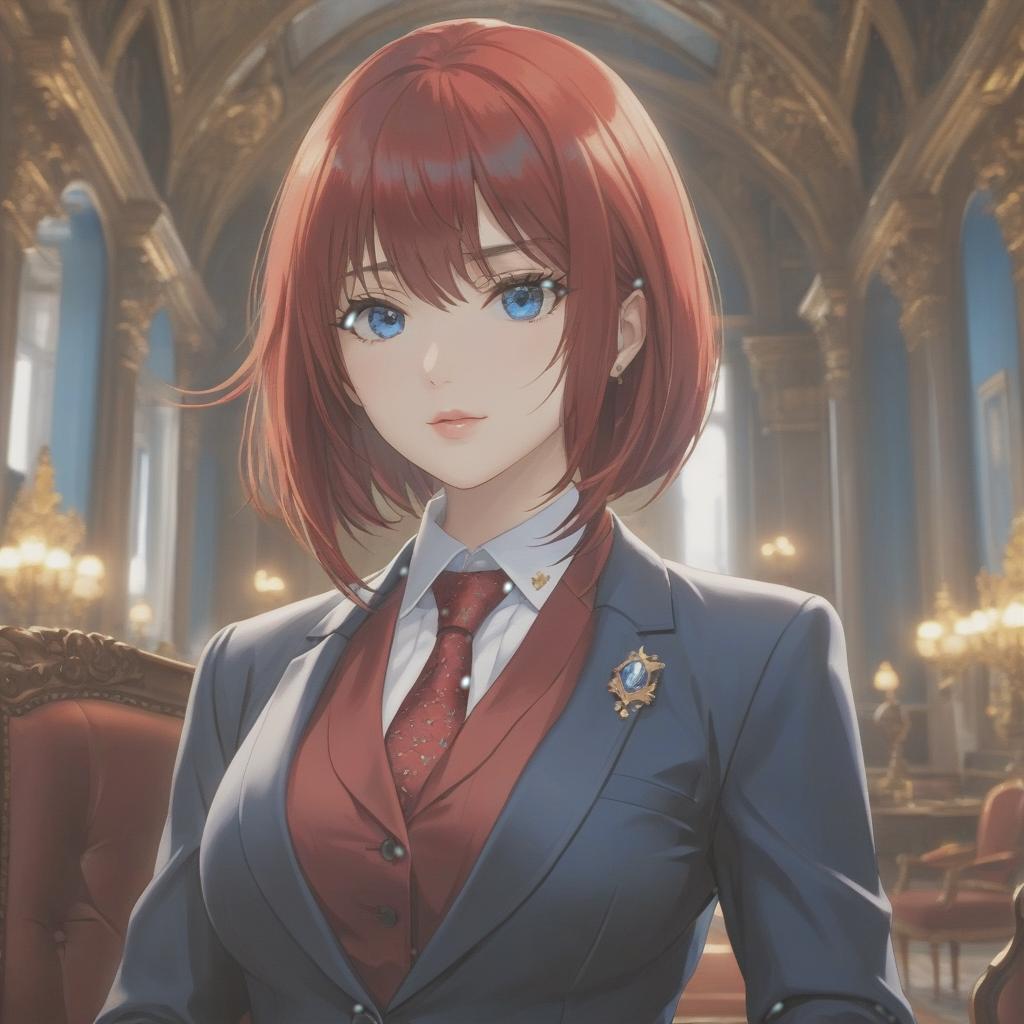  High realism, beautiful, girl, beautiful face, hairstyle with bangs, short straight hair bright red, beautiful eyes, blue color, wearing a business suit, well lit, against the backdrop of an aristocratic palace. hyperrealistic, full body, detailed clothing, highly detailed, cinematic lighting, stunningly beautiful, intricate, sharp focus, f/1. 8, 85mm, (centered image composition), (professionally color graded), ((bright soft diffused light)), volumetric fog, trending on instagram, trending on tumblr, HDR 4K, 8K