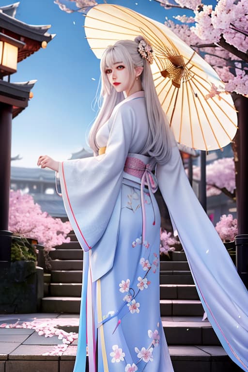  masterpiece, best quality, 1girl, yellow eyes, long hair, white hair, tree, stairs, standing, kimono, sky, cherry blossoms, temple, looking at viewer, upper body, from below, looking back hyperrealistic, full body, detailed clothing, highly detailed, cinematic lighting, stunningly beautiful, intricate, sharp focus, f/1. 8, 85mm, (centered image composition), (professionally color graded), ((bright soft diffused light)), volumetric fog, trending on instagram, trending on tumblr, HDR 4K, 8K