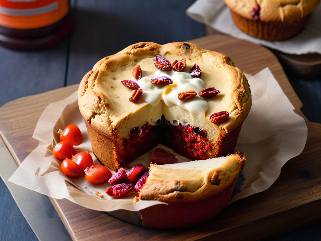  A closeup, highresolution image of a freshly baked goji berry muffin, showcasing the rich red color and juicy texture of the berries on top of a rustic wooden table. The muffin is perfectly golden brown, with steam rising from its moist interior, evoking a sense of warmth and freshness. The minimalistic composition highlights the natural beauty and delicious appeal of incorporating goji berries into baked goods, enticing the reader to explore the nutritional and flavorful benefits further. hyperrealistic, full body, detailed clothing, highly detailed, cinematic lighting, stunningly beautiful, intricate, sharp focus, f/1. 8, 85mm, (centered image composition), (professionally color graded), ((bright soft diffused light)), volumetric fog, trending on instagram, trending on tumblr, HDR 4K, 8K