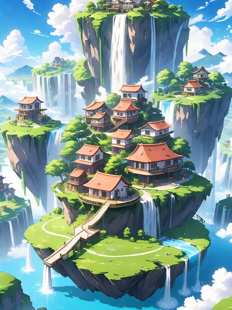  anime style artwork, (masterpiece:1.1), (highest quality:1.1), houses on floating island with waterfalls, sunny day with white clouds. , anime style, key visual, vibrant, studio anime, highly detailed