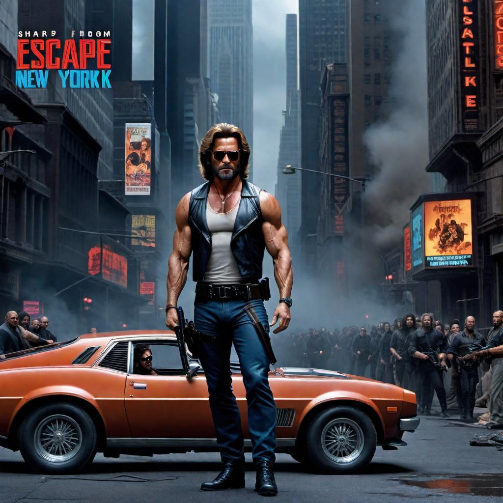  Escape from New York movie characters, classic 1980s action movie style. High detail and accuracy to the original character designs from the movie, featuring Snake Plissken and other key characters, all positioned in a dramatic movie poster composition that captures the essence of the film. hyperrealistic, full body, detailed clothing, highly detailed, cinematic lighting, stunningly beautiful, intricate, sharp focus, f/1. 8, 85mm, (centered image composition), (professionally color graded), ((bright soft diffused light)), volumetric fog, trending on instagram, trending on tumblr, HDR 4K, 8K