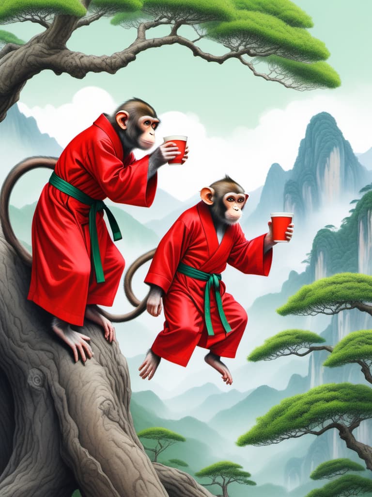  Two cute monkeys in red Chinese robes collect green tea 
leaves from old big tea trees, illustration, colored pencil art, trees and mountains on 
background