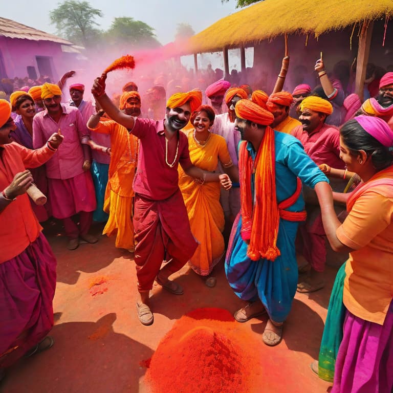  Subject Detail: The image captures a festive scene of farmers joyfully celebrating Holi, the festival of colors. The farmers, dressed in vibrant traditional attire, are depicted with cheerful expressions on their faces. They are depicted engaged in activities, smearing each other with brightly colored powdered dyes while dancing and singing.

Medium: This artwork can be created as an illustration.

Art Style: The desired art style for this illustration could be a combination of impressionist and pop art, blending vivid colors and bold, expressive brushstrokes.

Image Type: This will be a digital illustration.

Resolution and Focus: The preferred resolution is high definition, allowing for the intricate details of the farmers' attire