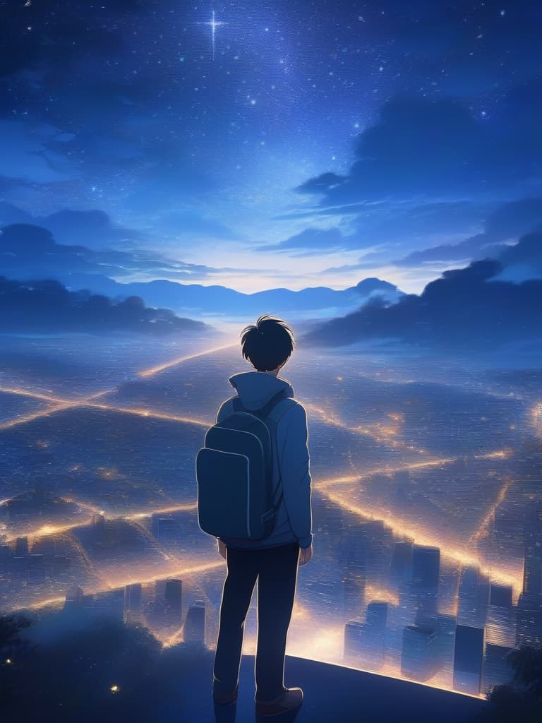  The background is the city of the city, the sky is a starry sky, the sunset is a little visible, a man looks up at the back, the back, the back, the back of the night sky., masterpiece, best quality,8k,ultra detailed,high resolution,an extremely delicate and beautiful,hyper detail