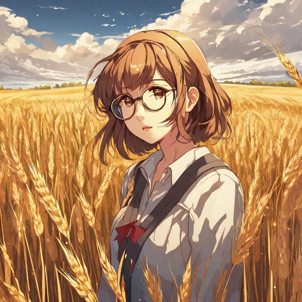  masterpiece, best quality,Anime style, crying girl standing in the wheat field, tears flowing from her glasses to her cheeks, brown hair, background sky, overall yellow tone