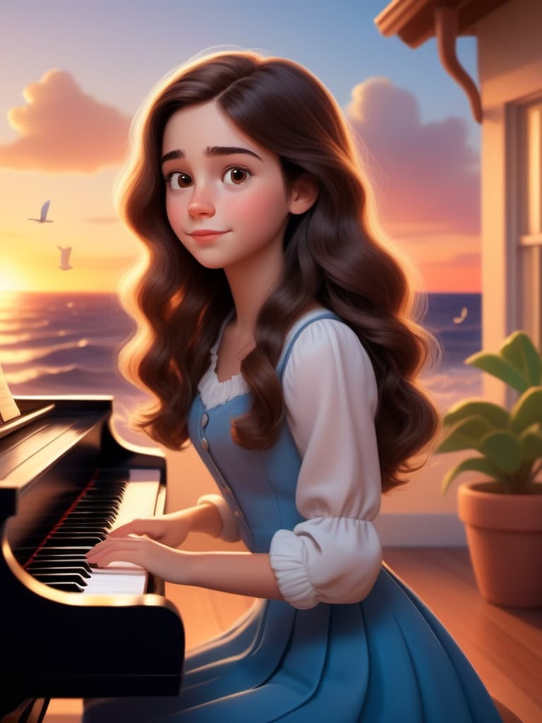  pixar style, woman, 21 years, she has wavy dark brown hair below her shoulders, she has brown eyes, she sits at home at the piano and composes songs, with the sea and sunset in the background