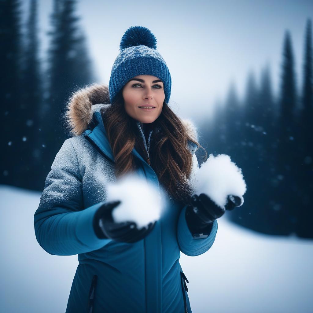  cinematic film still A pretty girl is standing in a winter jacket, holding a lot of snow in her hands, blowing snow, winter day, ski slope, detail. . shallow depth of field, vignette, highly detailed, high budget, bokeh, cinemascope, moody, epic, gorgeous, film grain, grainy