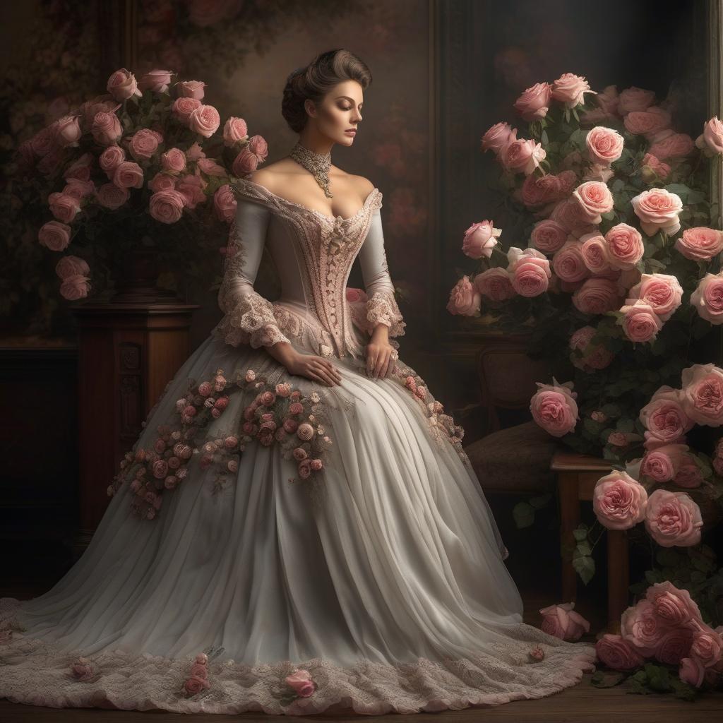  Victoriana beauty in sorrow beautiful dress with a bouquet of roses 1870s bouquet of roses on the table dress made of roses rose colored. hyperrealistic, full body, detailed clothing, highly detailed, cinematic lighting, stunningly beautiful, intricate, sharp focus, f/1. 8, 85mm, (centered image composition), (professionally color graded), ((bright soft diffused light)), volumetric fog, trending on instagram, trending on tumblr, HDR 4K, 8K