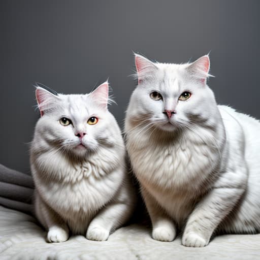  Two cats, one white and the other grey hyperrealistic, full body, detailed clothing, highly detailed, cinematic lighting, stunningly beautiful, intricate, sharp focus, f/1. 8, 85mm, (centered image composition), (professionally color graded), ((bright soft diffused light)), volumetric fog, trending on instagram, trending on tumblr, HDR 4K, 8K