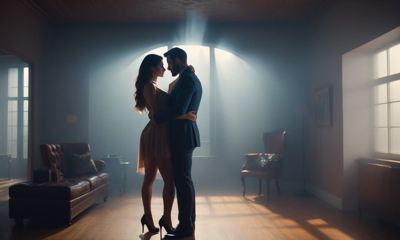  A girl and a man in a room are in love. hyperrealistic, full body, detailed clothing, highly detailed, cinematic lighting, stunningly beautiful, intricate, sharp focus, f/1. 8, 85mm, (centered image composition), (professionally color graded), ((bright soft diffused light)), volumetric fog, trending on instagram, trending on tumblr, HDR 4K, 8K