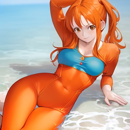  (((masterpiece))), best quality, 1girl, Nami, one piece, orange hair, red clothes, tight clothes, realistic,