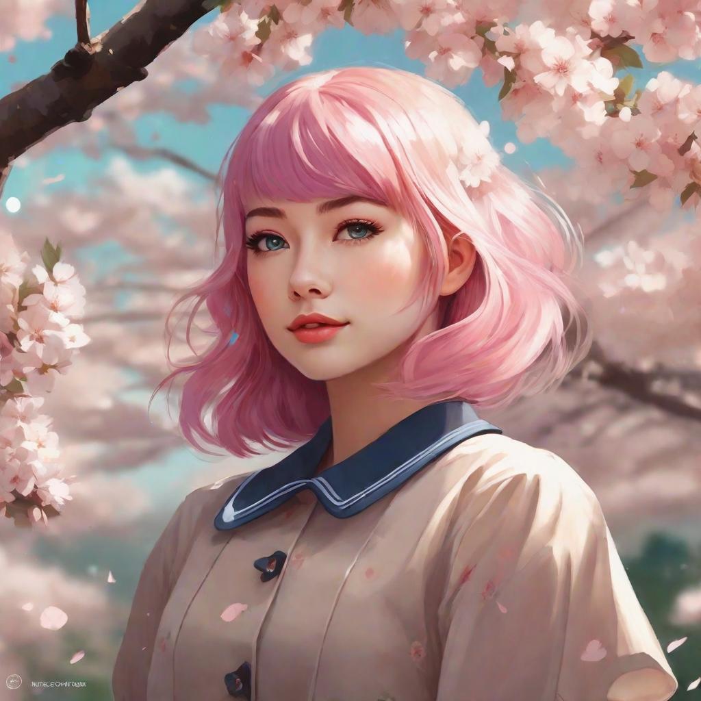  Masterpiece, best quality, a cheerful girl with vibrant pink hair and sparkling blue eyes, dressed in cute sailor uniform, standing in the lush green fields of blooming cherry blossoms. Petals float gently around her as the breeze blows through the scene. The atmosphere is full of joy and a sense of new beginnings. The style is reminiscent of Makoto Shinkai's detailed and ethereal anime works. Achieved using digital painting techniques, with an emphasis on soft, muted colors, blending traditional and digital strokes.