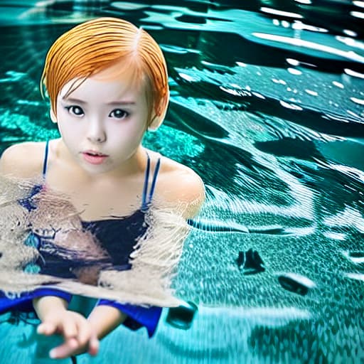  girl under water with short hair no reaction wearing robe without anything else