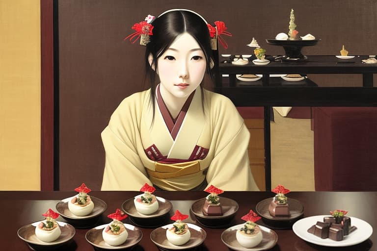  Attractive Beautiful young modern Japanese girl dressed in imperial attire with moist parted lips. Foreground is plates of fine dark chocolates. Background is an exclusive Japanese restaurant . Painting style of Edgar Degas