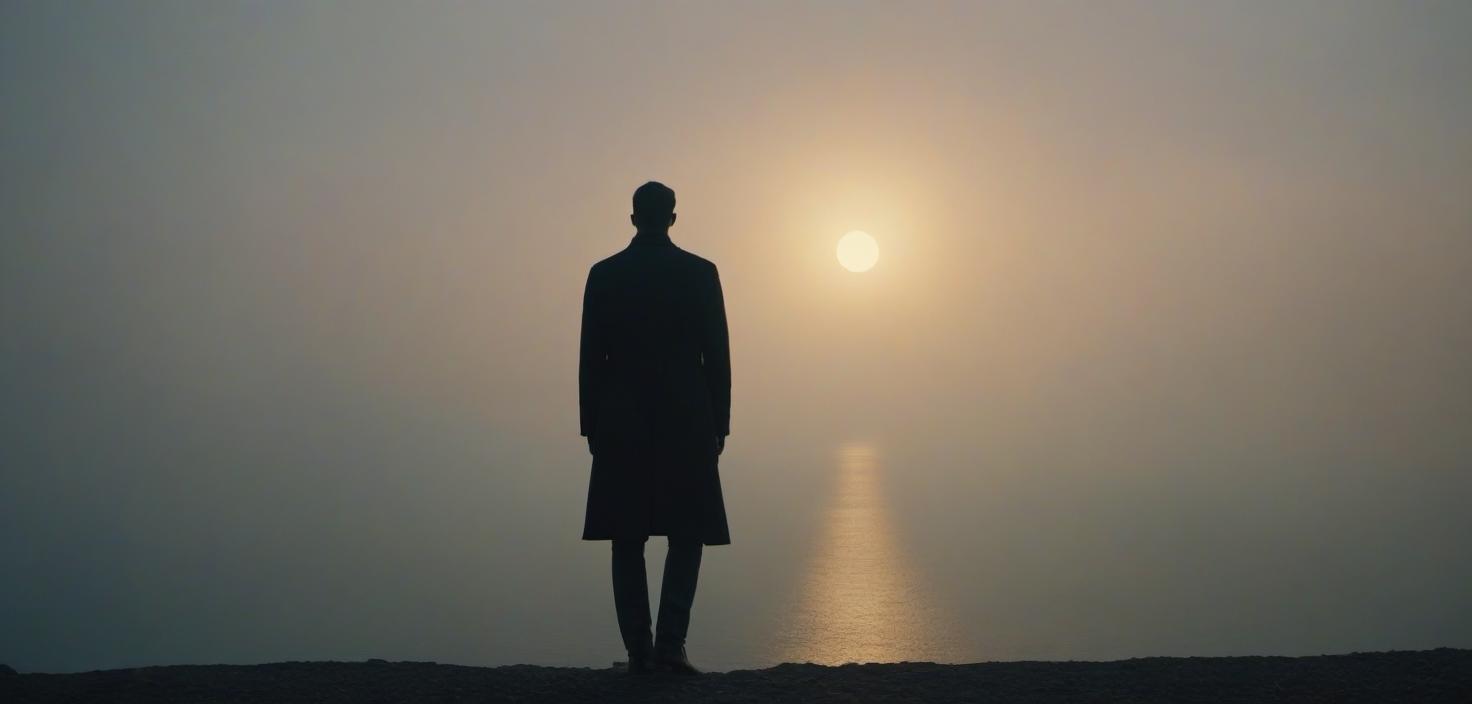  A man stands against the backdrop of the sunrise, the silhouette of a long haired girl is far away. hyperrealistic, full body, detailed clothing, highly detailed, cinematic lighting, stunningly beautiful, intricate, sharp focus, f/1. 8, 85mm, (centered image composition), (professionally color graded), ((bright soft diffused light)), volumetric fog, trending on instagram, trending on tumblr, HDR 4K, 8K