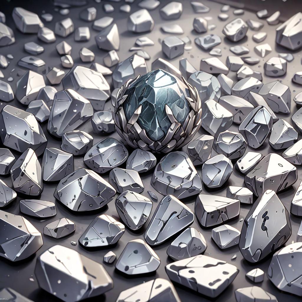  anime style artwork, (masterpiece:1.1), (highest quality:1.1), close shot on an object: metalic silver stone representing the metal element, anime style, key visual, vibrant, studio anime, highly detailed