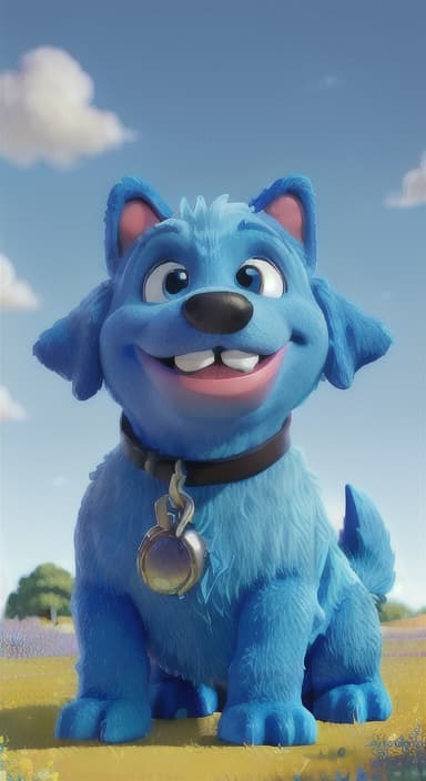  {A happy, big blue dog wagging its tail in a colorful meadow, The big blue dog is large with sky blue fur, big round eyes, a black nose, and floppy ears.