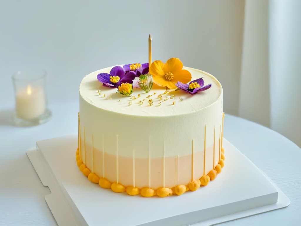  A minimalist birthday cake with layers of pastelcolored frosting, topped with delicate edible flowers and gold leaf accents. The cake sits on a sleek white pedestal against a soft, blurred background, emphasizing its elegant simplicity and sophisticated design. hyperrealistic, full body, detailed clothing, highly detailed, cinematic lighting, stunningly beautiful, intricate, sharp focus, f/1. 8, 85mm, (centered image composition), (professionally color graded), ((bright soft diffused light)), volumetric fog, trending on instagram, trending on tumblr, HDR 4K, 8K