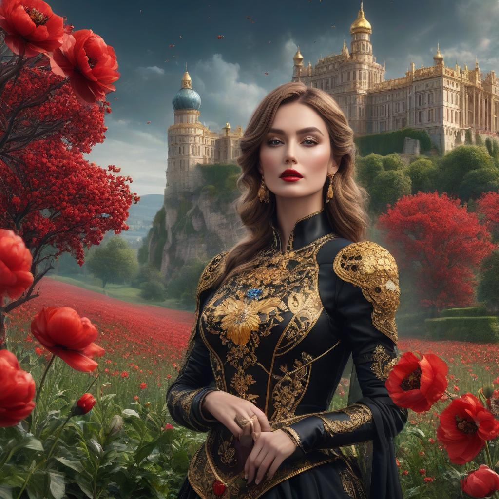  The with the brown hair. Landscape in the background. Тhe dress, the purse, the brown eyes. , red lips. A in armor. Armor below the . High detailing and treatment of the face and other parts of the body Fire. The rigor of the lines. Power. The sword gives off electric shocks. Highly detailed, highly detailed, highly detailed image and all details. ((Sparkling rim)): spring field, hyacinths, roses, rosehips, rose hips, peonies, cherry tree, yellow, red, black flowers, forget me nots. Nature in the background, spring, delight. Luxury, richness. High quality. Swarovski, pandora. The Emerald Palace, the towers. Holobue sky. Golden spires, Gothic style. Fantasy, fairy tale. Poppy field in front of palace. Emerald stones, G hyperrealistic, full body, detailed clothing, highly detailed, cinematic lighting, stunningly beautiful, intricate, sharp focus, f/1. 8, 85mm, (centered image composition), (professionally color graded), ((bright soft diffused light)), volumetric fog, trending on instagram, trending on tumblr, HDR 4K, 8K