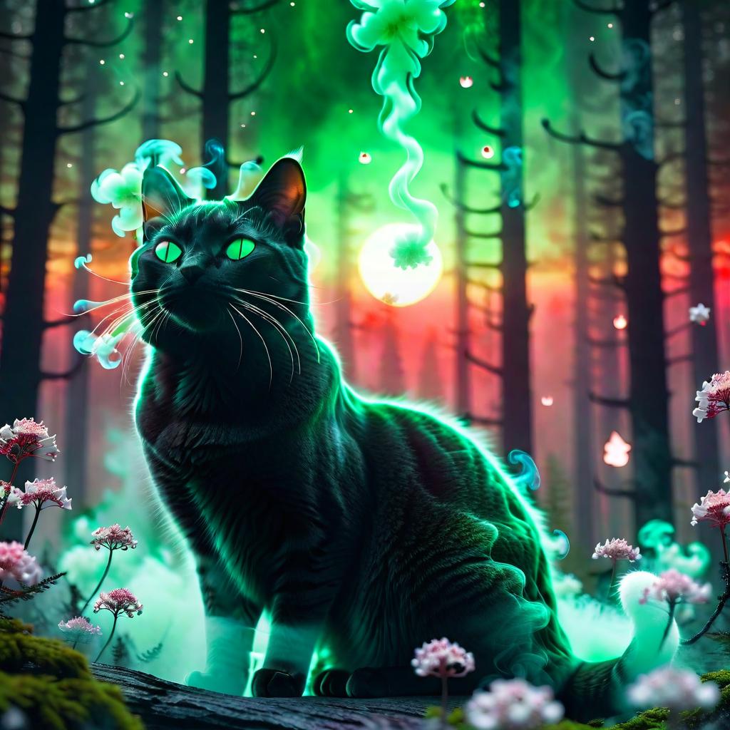  space-themed black smoke in the shape of a cat, translucent green forest, white mist flowers, Red sunset, alien landscape, perfect composition, exquisite attention to small details, realistic reflections, UHD, 8k, ultra-detailed texture, volumetric light, cinematic effects, masterpiece , trending on ArtStation, Octane 3D rendering, Mysterious . cosmic, celestial, stars, galaxies, nebulas, planets, science fiction, highly detailed