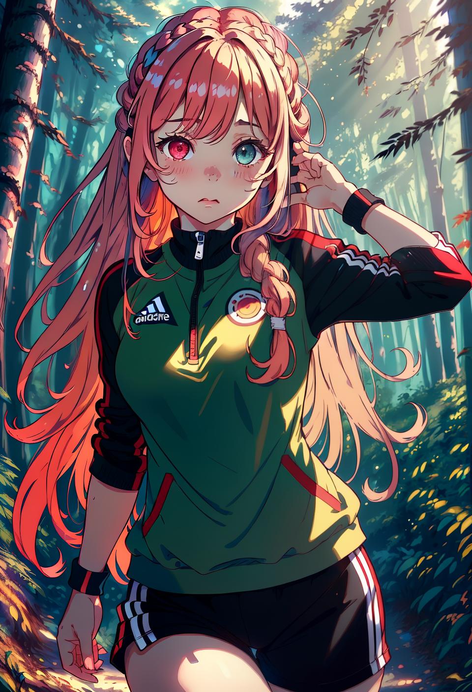  ((trending, highres, masterpiece, cinematic shot)), 1girl, chibi, female sportswear, forest scene, very long curly pink hair, bangs covering eyes, large heterochromia eyes, gentle personality, sad expression, red skin, lively, toned