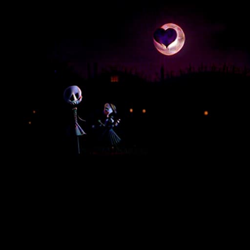  The Nightmare Before Valentines Day horror, Jack Skellington and Sally showing affection, a Valentine love fest, black roses, hearts, night sky with moon in the background , style of Tim Burton, stop motion animation, depth of field, cinematic composition, Highly defined, highly detailed, sharp focus, (centered image composition), 4K, 8K