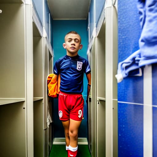  a young soccer player undressed in the boy's locker room after the game, under the shower